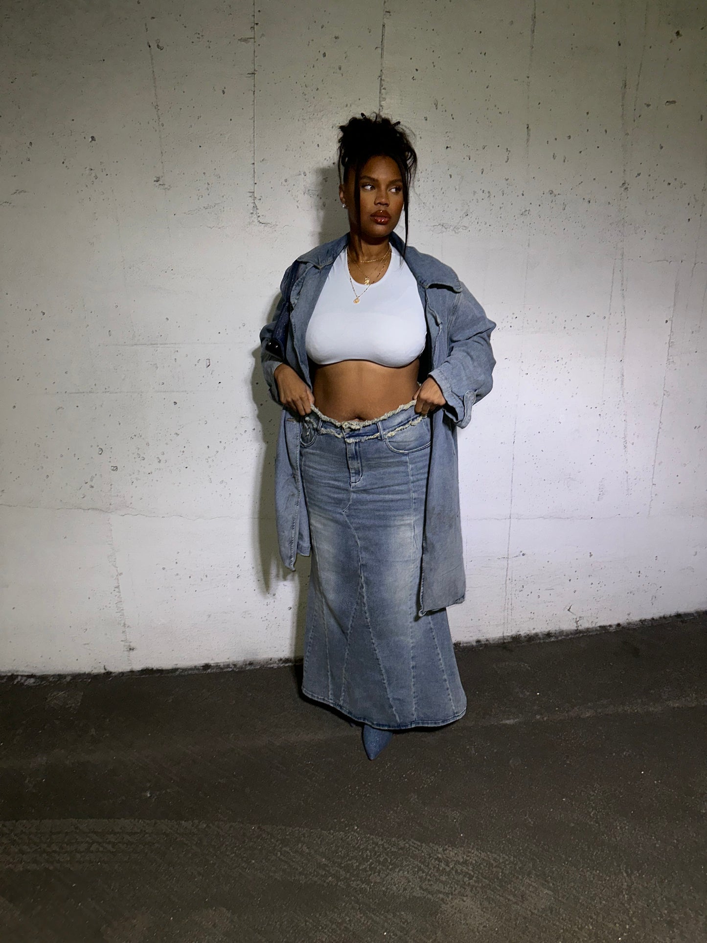 Light Wash Denim Maxi Skirt