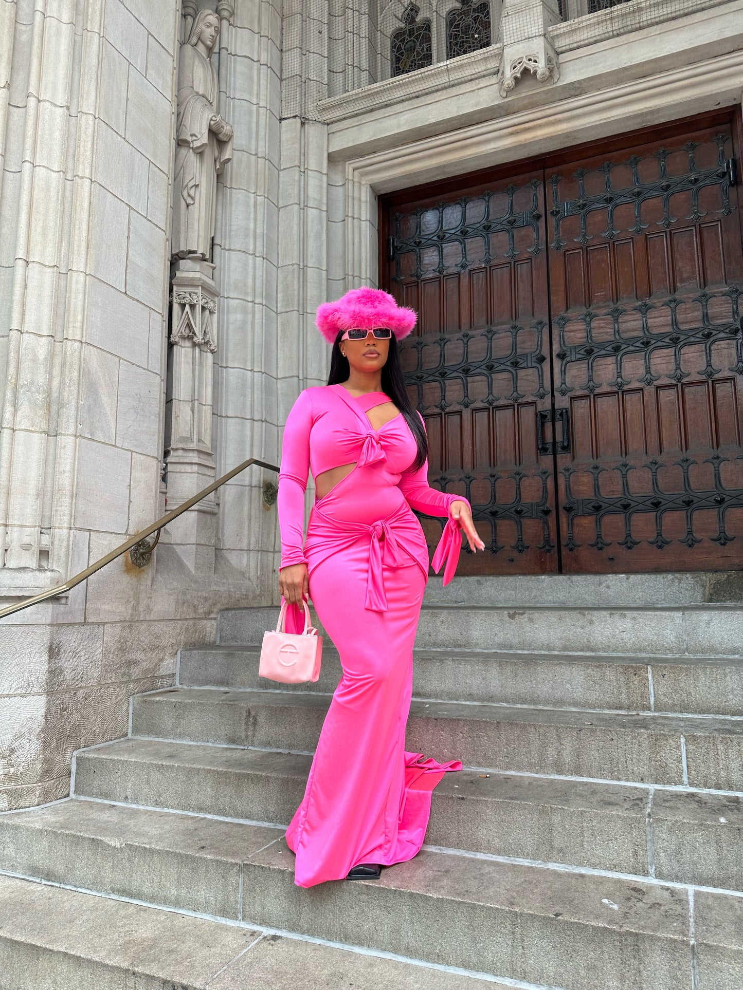 Pink Cutout Self-Tie Knot Maxi Dress