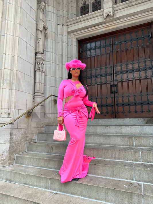 Pink Cutout Self-Tie Knot Maxi Dress