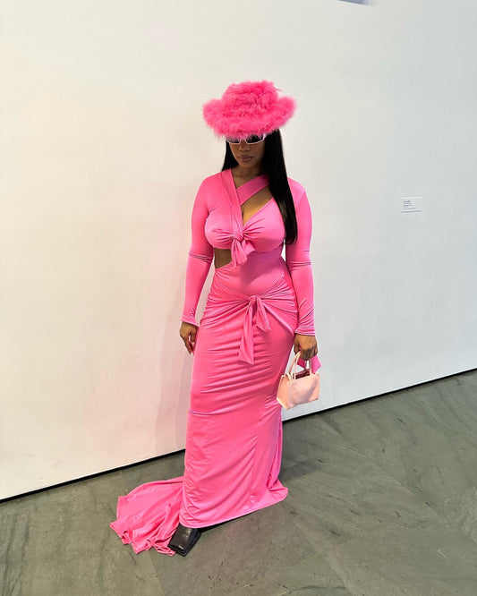 Pink Cutout Self-Tie Knot Maxi Dress