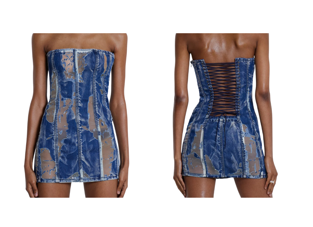 Denim Cut out-Mesh Mini Dress